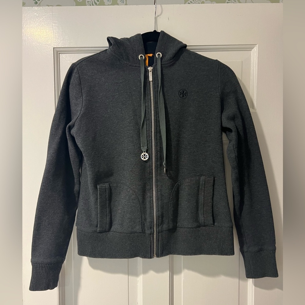 Tory Burch Dark Grey Hooded Sweatshirt w/ Logo.